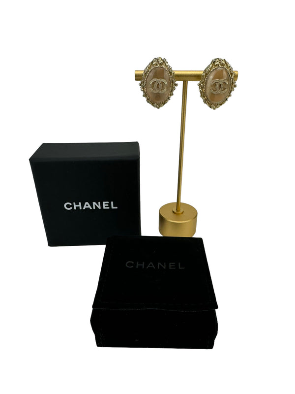 Chanel Coco Clip On Earrings Gold Light Pink Hardware Color Stone