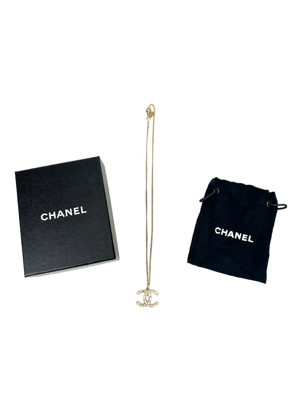 Chanel Crystal and Faux Pearl Coco Gold Tone Reversible Necklace (Full Set)
