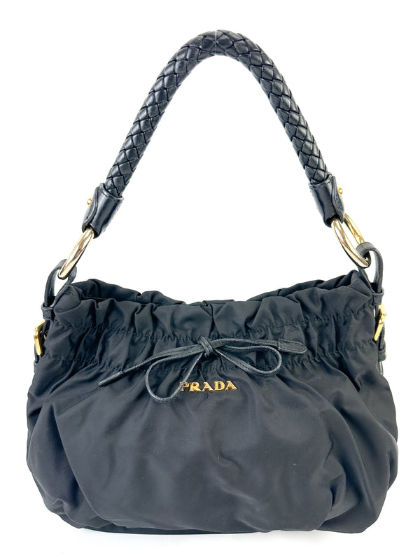 Prada Black Gathered Nylon & Leather Shoulder Bag