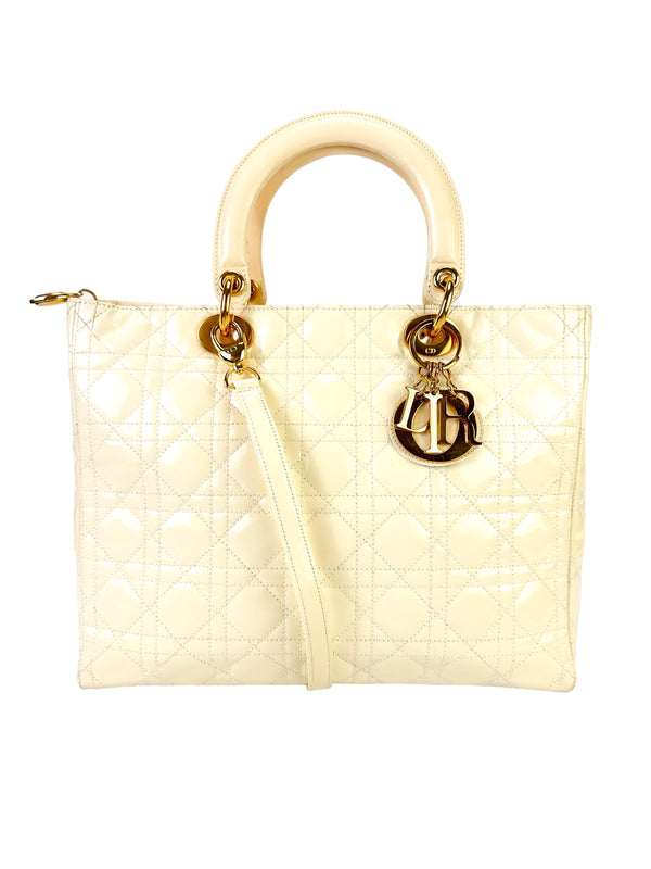 Christian Dior Large Beige Patent Cannage Lady Dior Bag W/ Strap