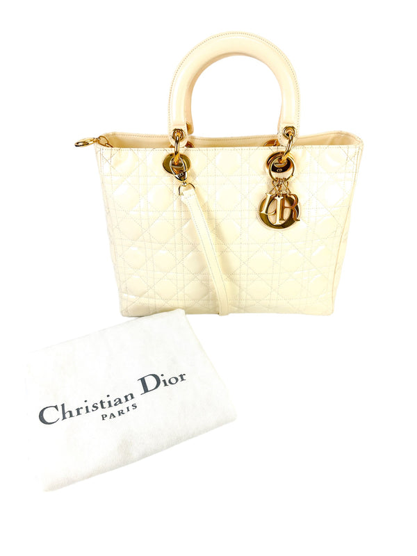 Christian Dior Large Beige Patent Cannage Lady Dior Bag W/ Strap