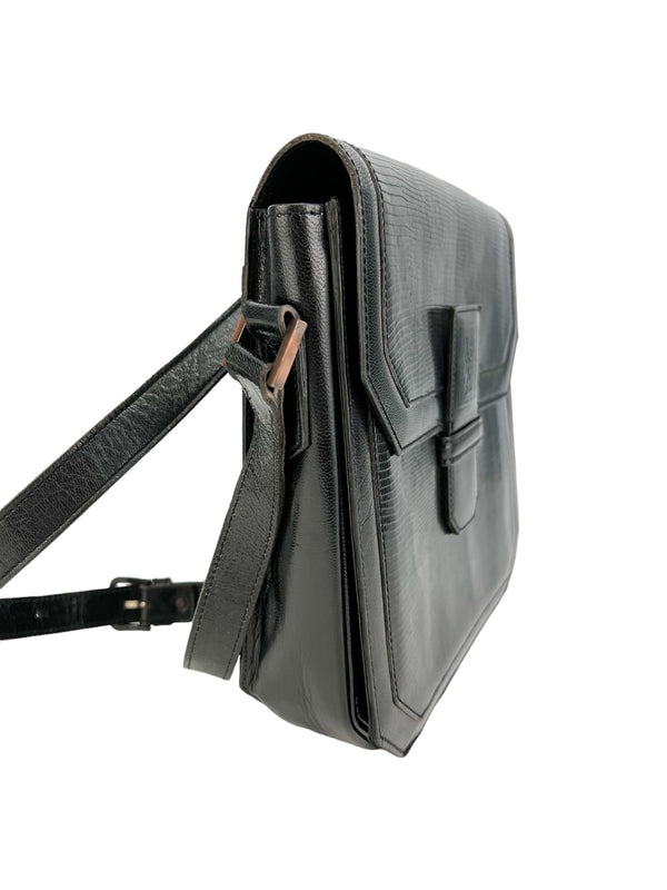 Yves Saint Laurent Vintage Lizard Skin Black Shoulder Bag