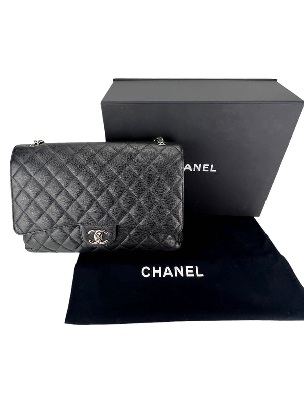Chanel Black Caviar Double Flap Classic Maxi Silver Hardware