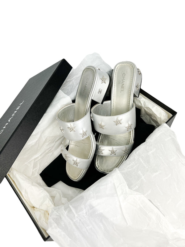 Chanel Silver Crystal Charm Sandals Size 38