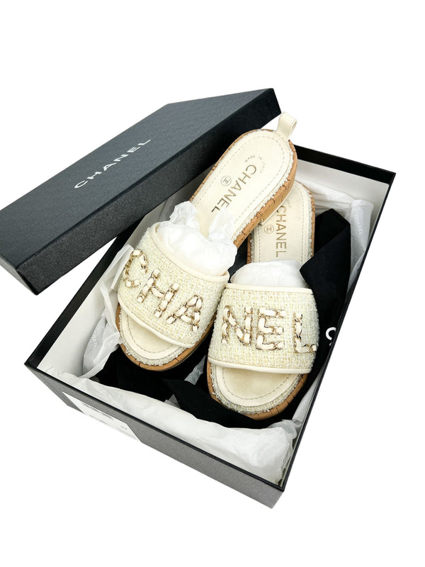 Chanel Cream Tweed Cork Sandals Size 37