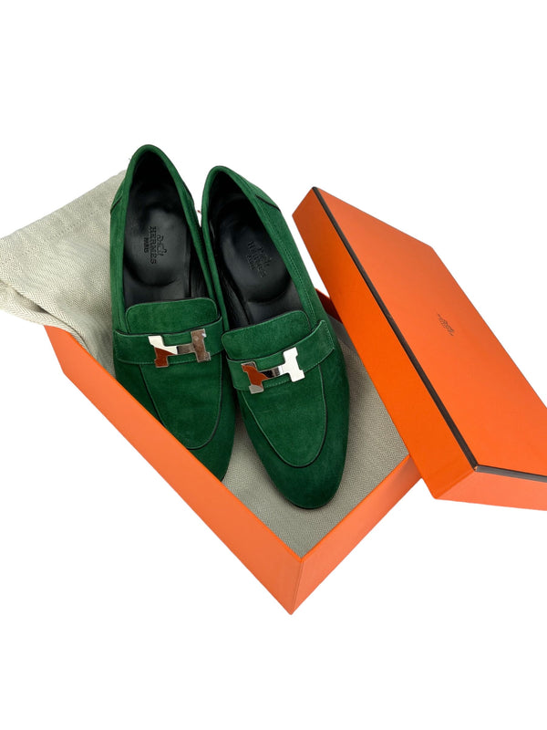Hermes Green Suede Paris Palladium Loafers Size 37