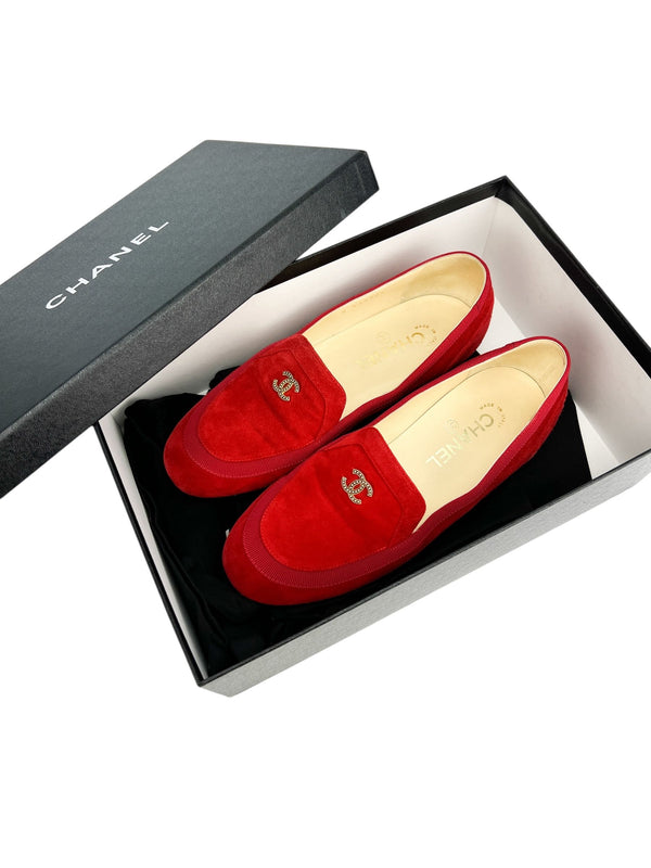 Chanel Red Suede Gold CC Logo Flats Size 37