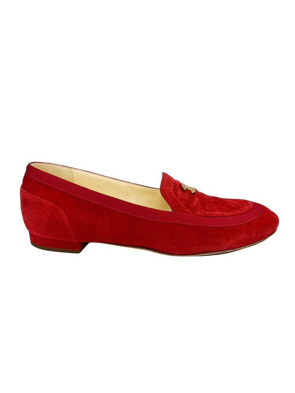Chanel Red Suede Gold CC Logo Flats Size 37