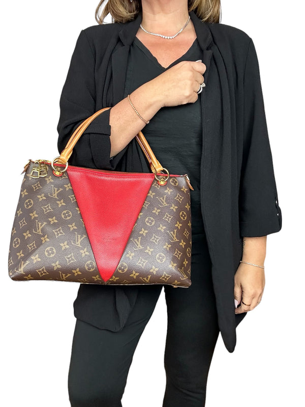 Louis Vuitton Monogram & Red Leather V Tote