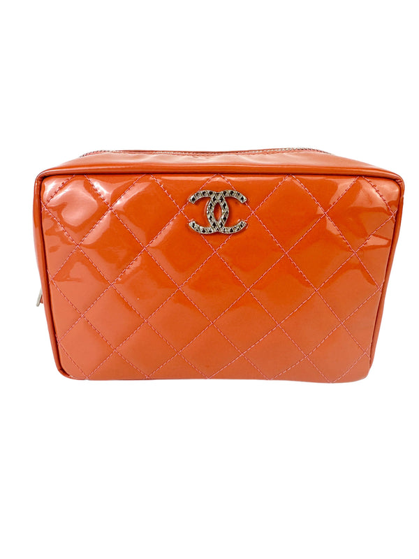 Chanel Orange Quilted Patent Leather Cosmetic Case