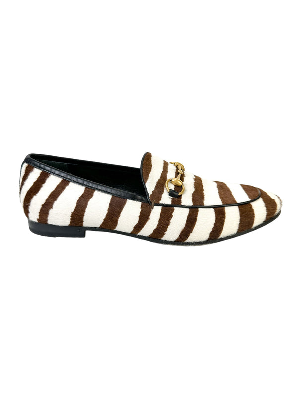Gucci Brown and White Pony Zebra Stripe Loafers Size 38