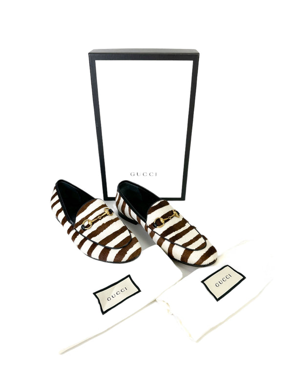 Gucci Brown and White Pony Zebra Stripe Loafers Size 38