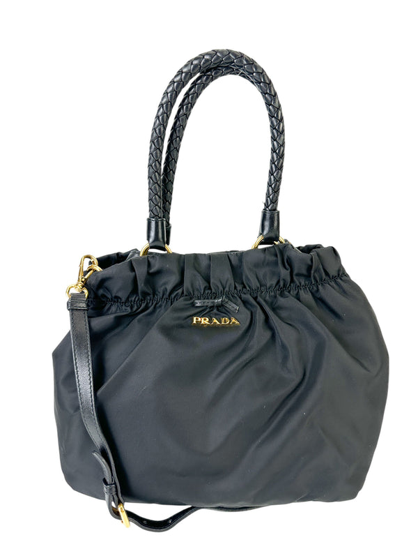 Prada Black Gathered Nylon & Leather 2 Way Bag W/ Shoulder Strap