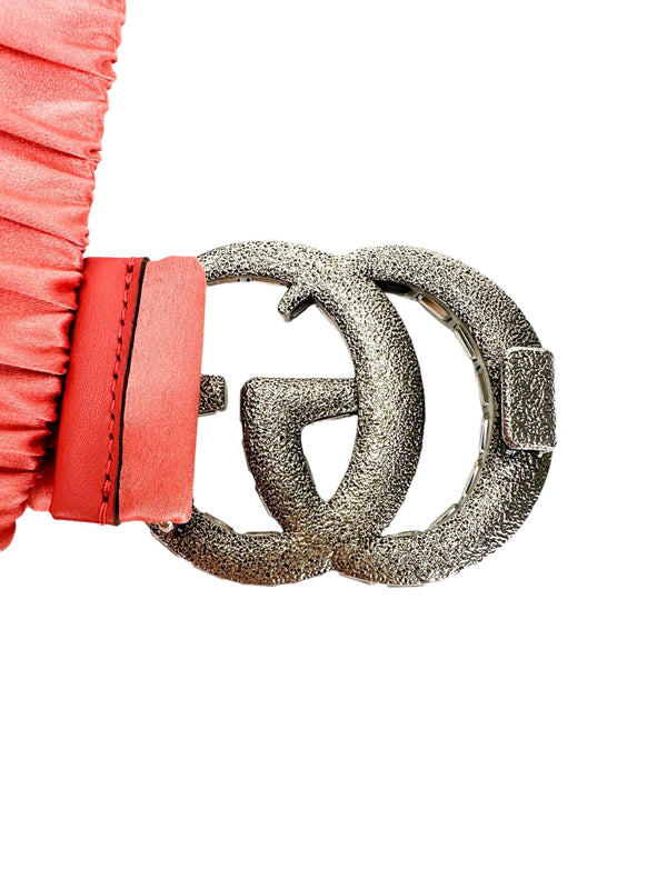 Gucci Coral Satin Elastic Belt Rhinestone Logo Buckle