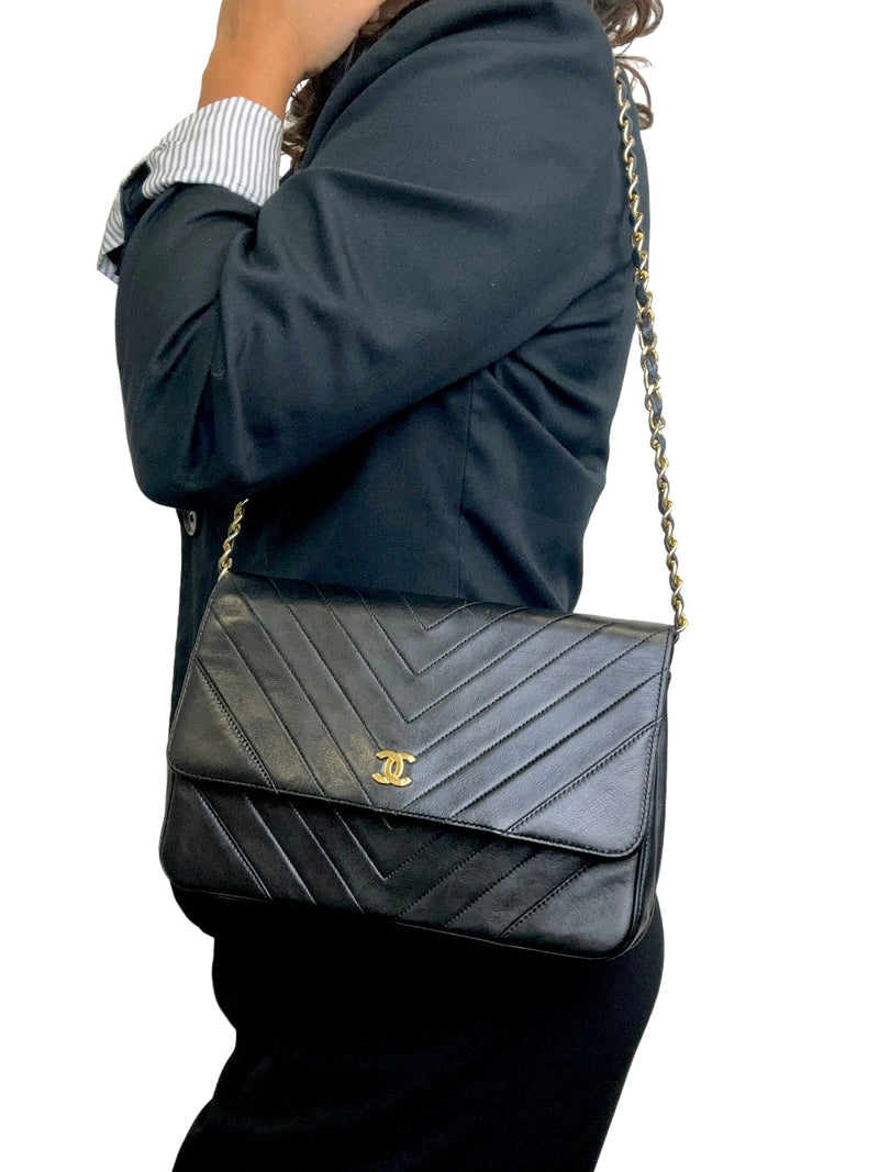 Chanel Vintage Black Chevron Lambskin Single Flap