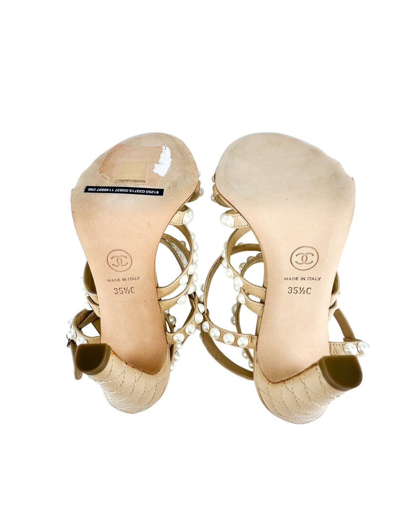 Chanel Beige Leather And Faux Pearl Strappy Heel SZ. 35.5