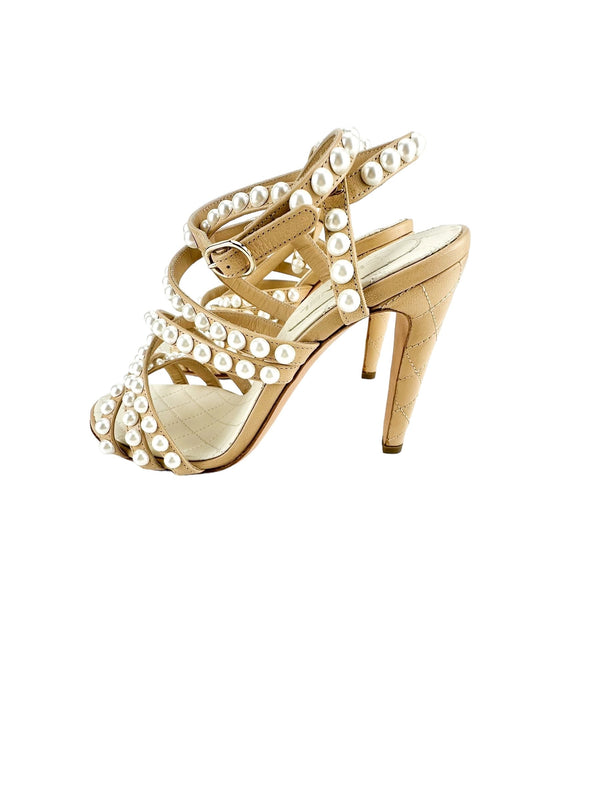 Chanel Beige Leather And Faux Pearl Strappy Heel SZ. 35.5