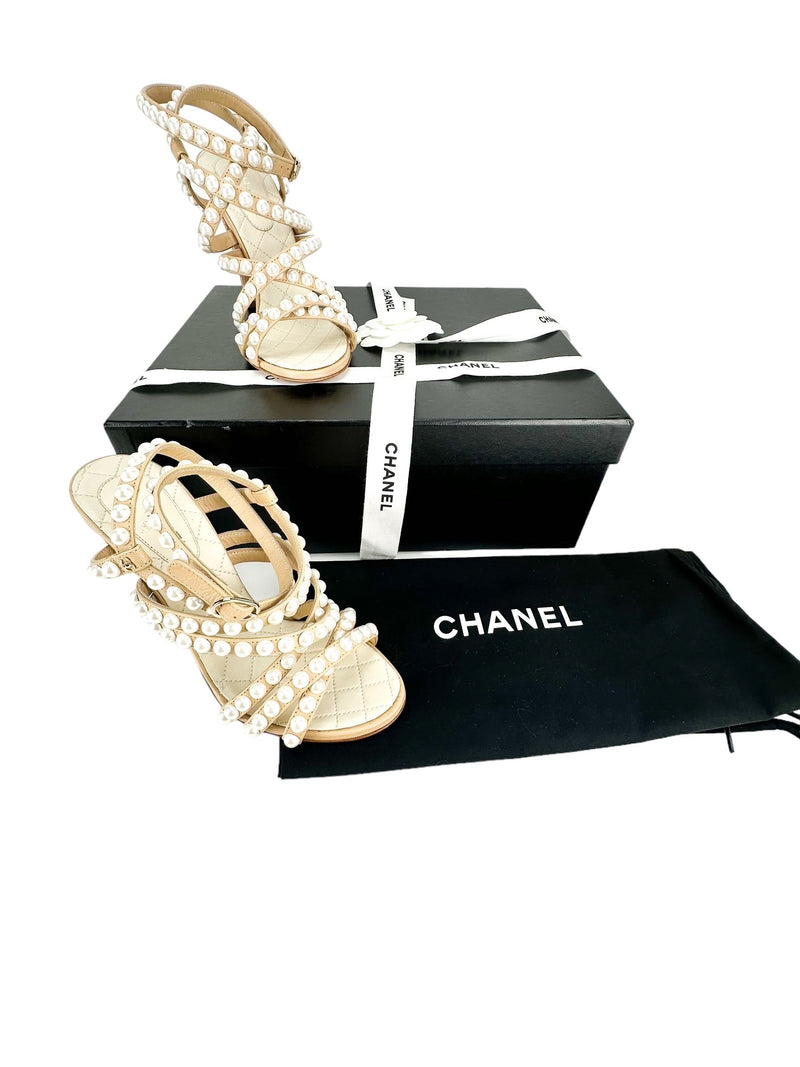 Chanel Beige Leather And Faux Pearl Strappy Heel SZ. 35.5