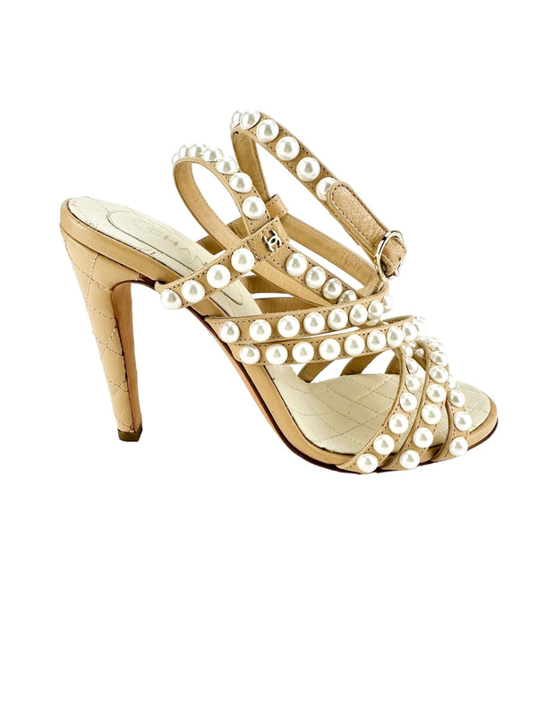 Chanel Beige Leather And Faux Pearl Strappy Heel SZ. 35.5