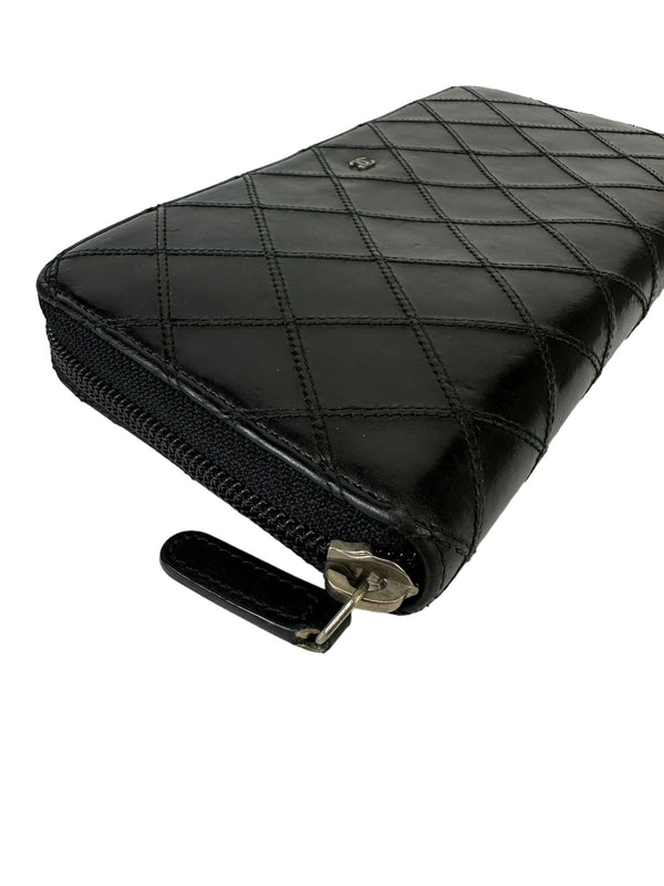 Chanel Black Lambskin Double Stitched Zip Around Wallet