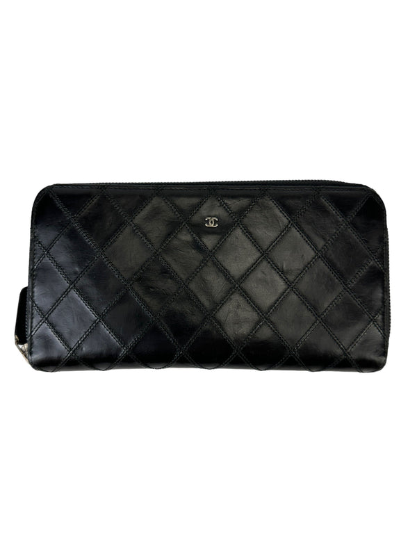 Chanel Black Lambskin Double Stitched Zip Around Wallet