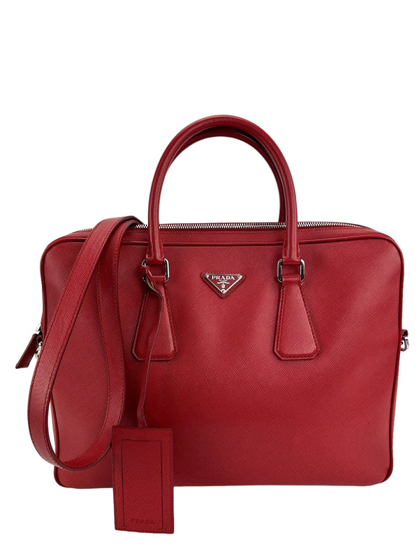 Prada Red Saffiano Leather Top Handle Crossbody Briefcase