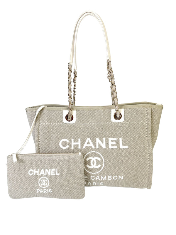 Chanel Cream Canvas Deauville MM W/ Pouch