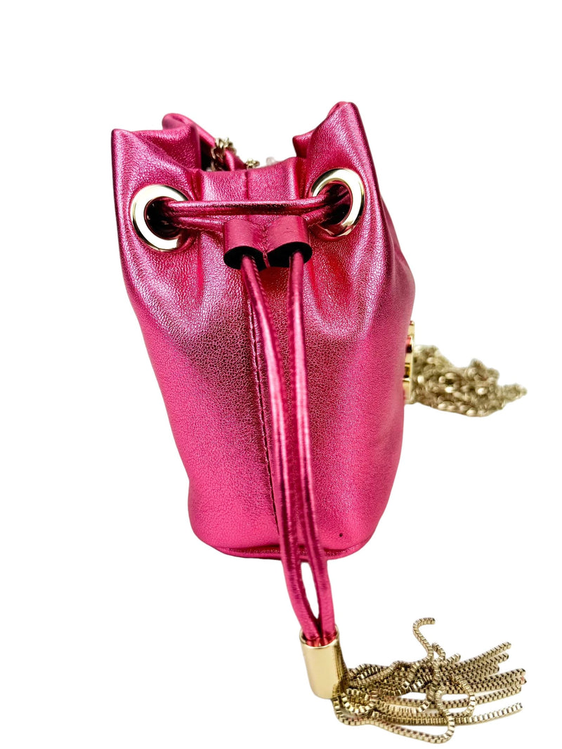 Jimmy Choo Pink Metallic Leather Mini Marcheline Bucket Bag