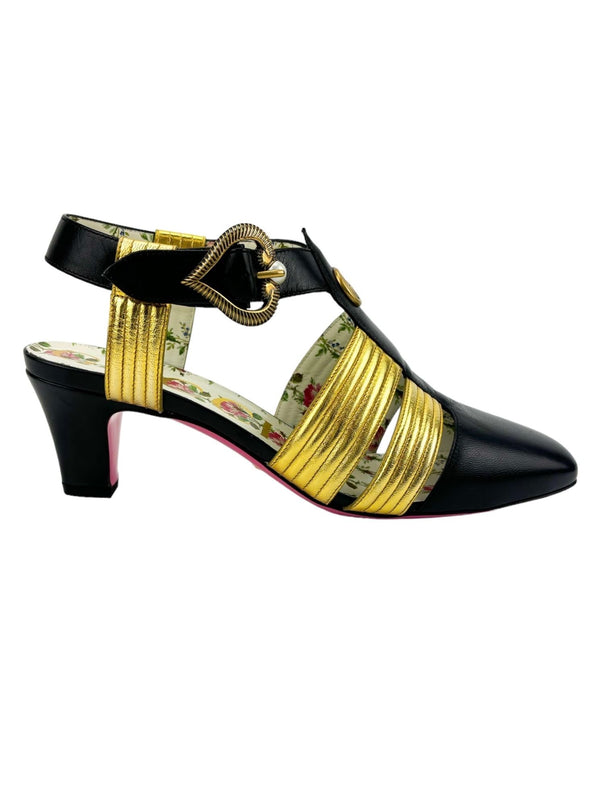 Gucci Black and Gold Malaga Kid T-Strap Pumps Size 38 (FULL SET)