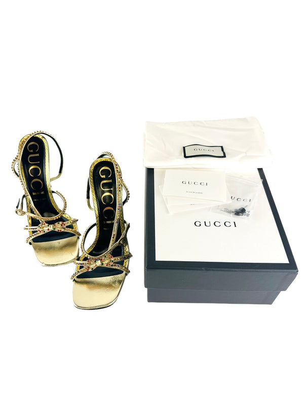 Gucci Gold Nappa Crystal Carmen Heels Size 41