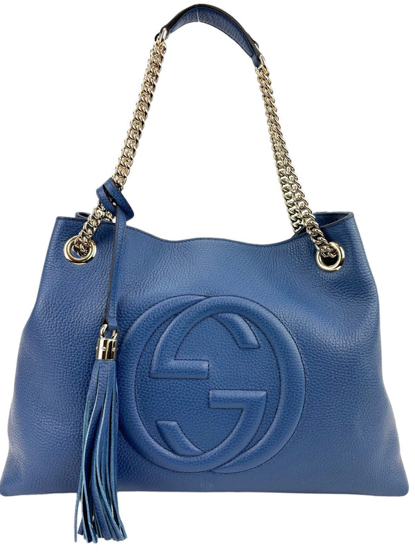 Gucci Medium Blue Pebbled Calfskin Soho Chain Tote