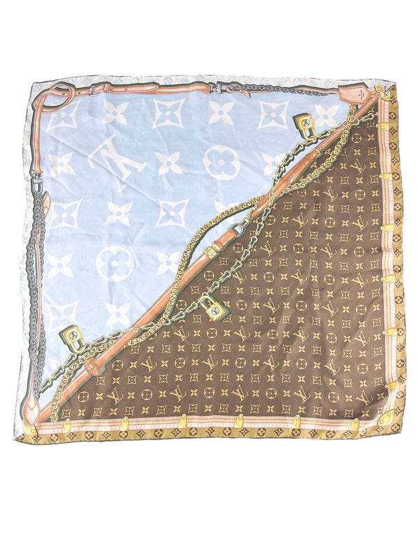 Louis Vuitton Brown and Blue Silk Square Scarf