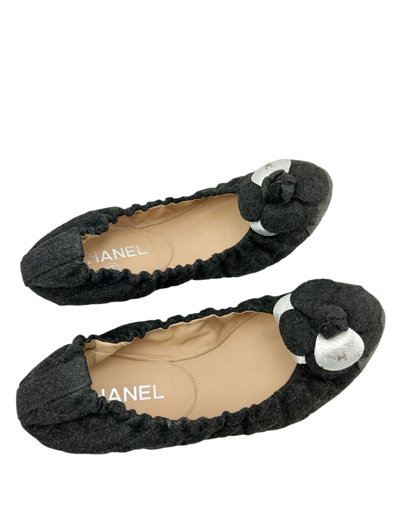 Chanel Gray Flannel Round Toe Camellia Ballerina Flats Size 38