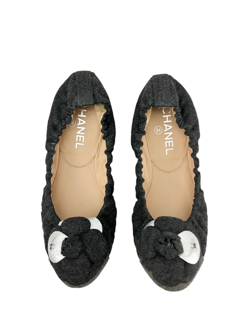 Chanel Gray Flannel Round Toe Camellia Ballerina Flats Size 38