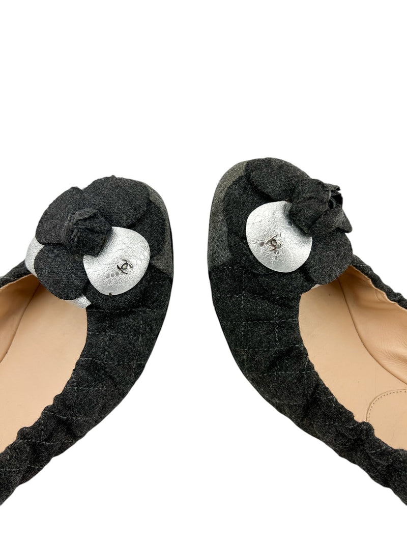 Chanel Gray Flannel Round Toe Camellia Ballerina Flats Size 38