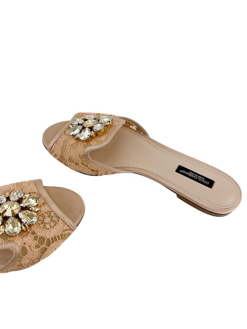 Dolce & Gabbana Rose Gold Lace with Brooch Slippers