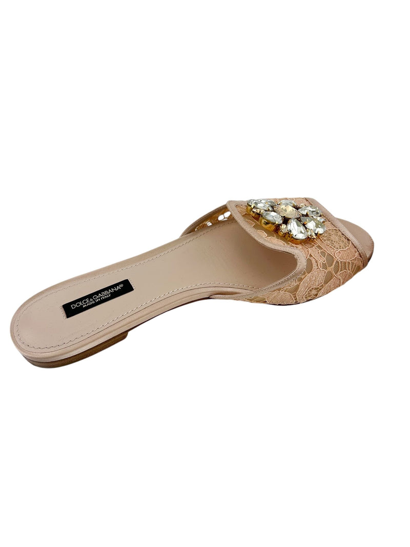 Dolce & Gabbana Rose Gold Lace with Brooch Slippers