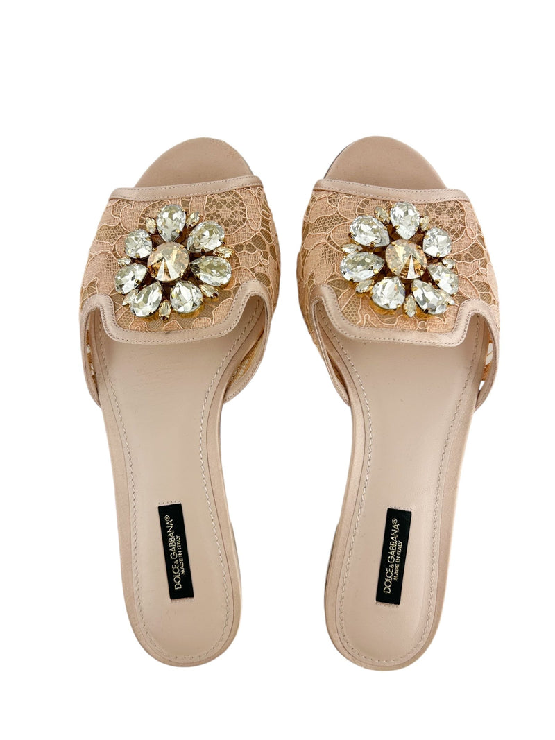 Dolce & Gabbana Rose Gold Lace with Brooch Slippers