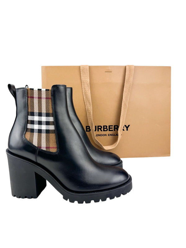 Burberry Black Leather Check Panel Boots Size 41.5