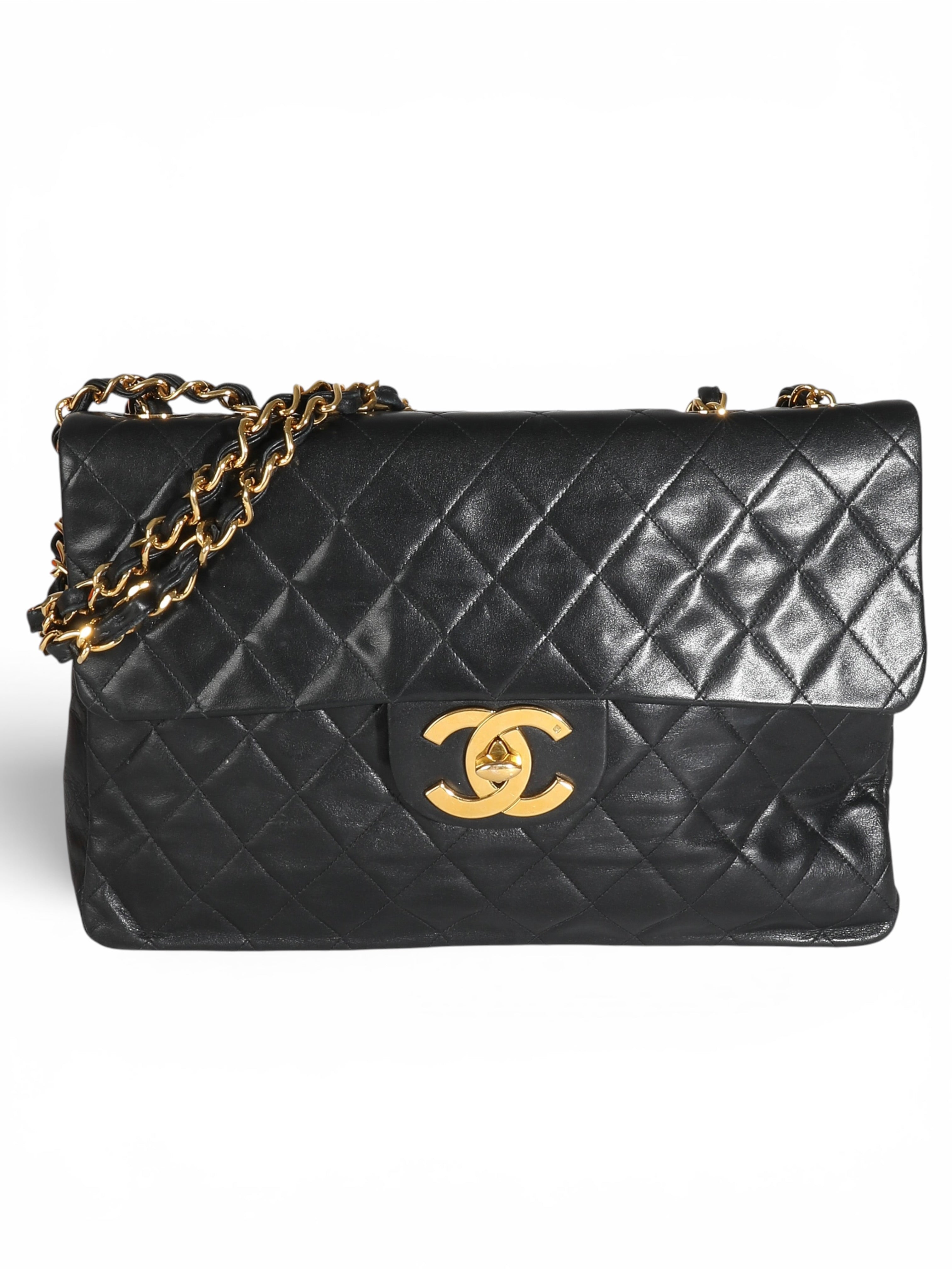Vintage 24K Black Quilted Lambskin Maxi XL Flap Bag