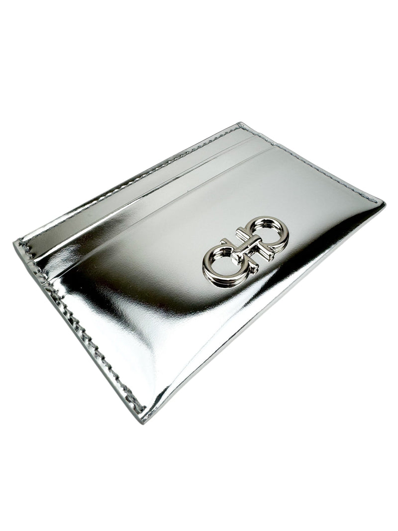 Ferragamo Silver Metallic Leather Card Holder