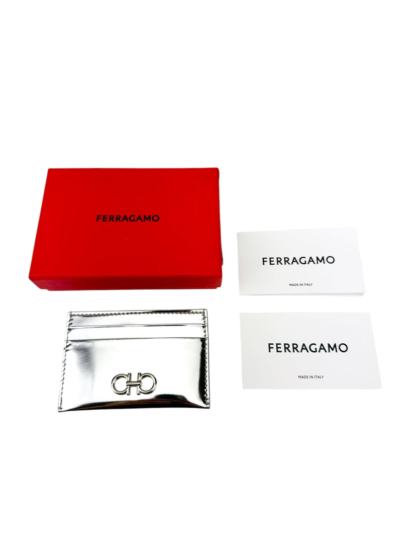 Ferragamo Silver Metallic Leather Card Holder