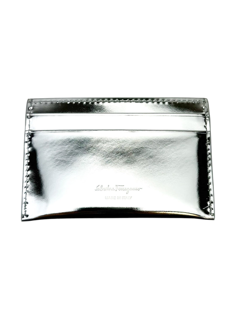 Ferragamo Silver Metallic Leather Card Holder