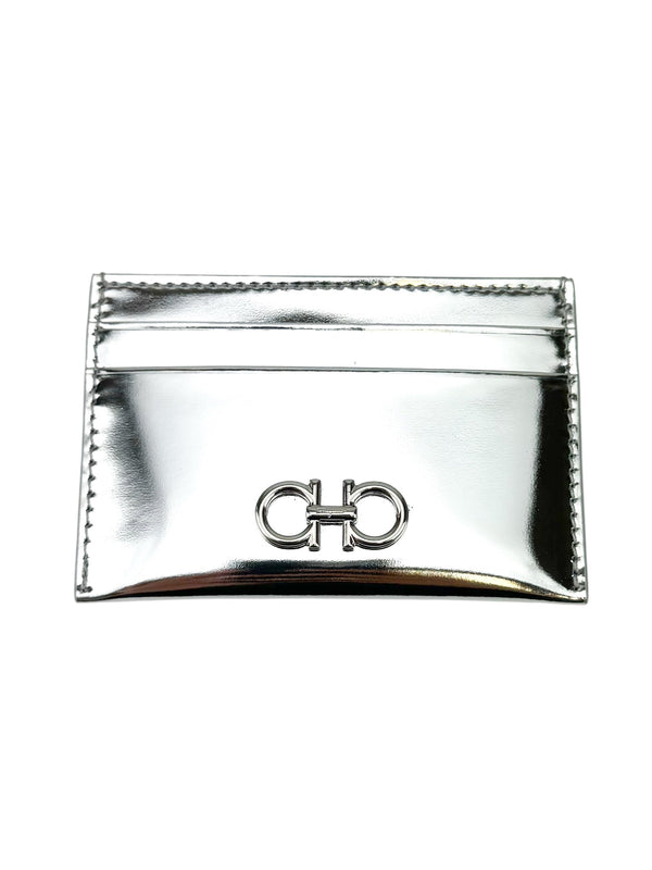 Ferragamo Silver Metallic Leather Card Holder