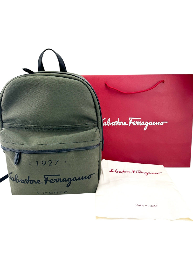 Ferragamo Green Khaki Canvas Backpack