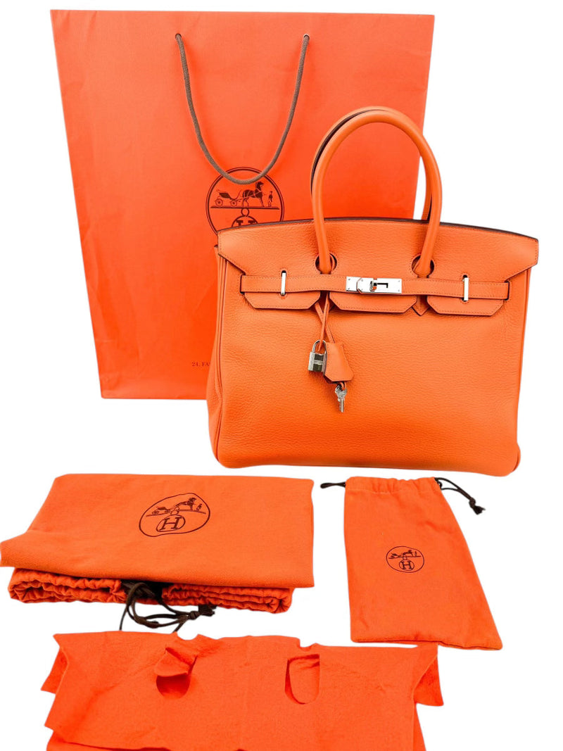 Hermes Orange Taurillon Clemence Birkin 35 Handbag