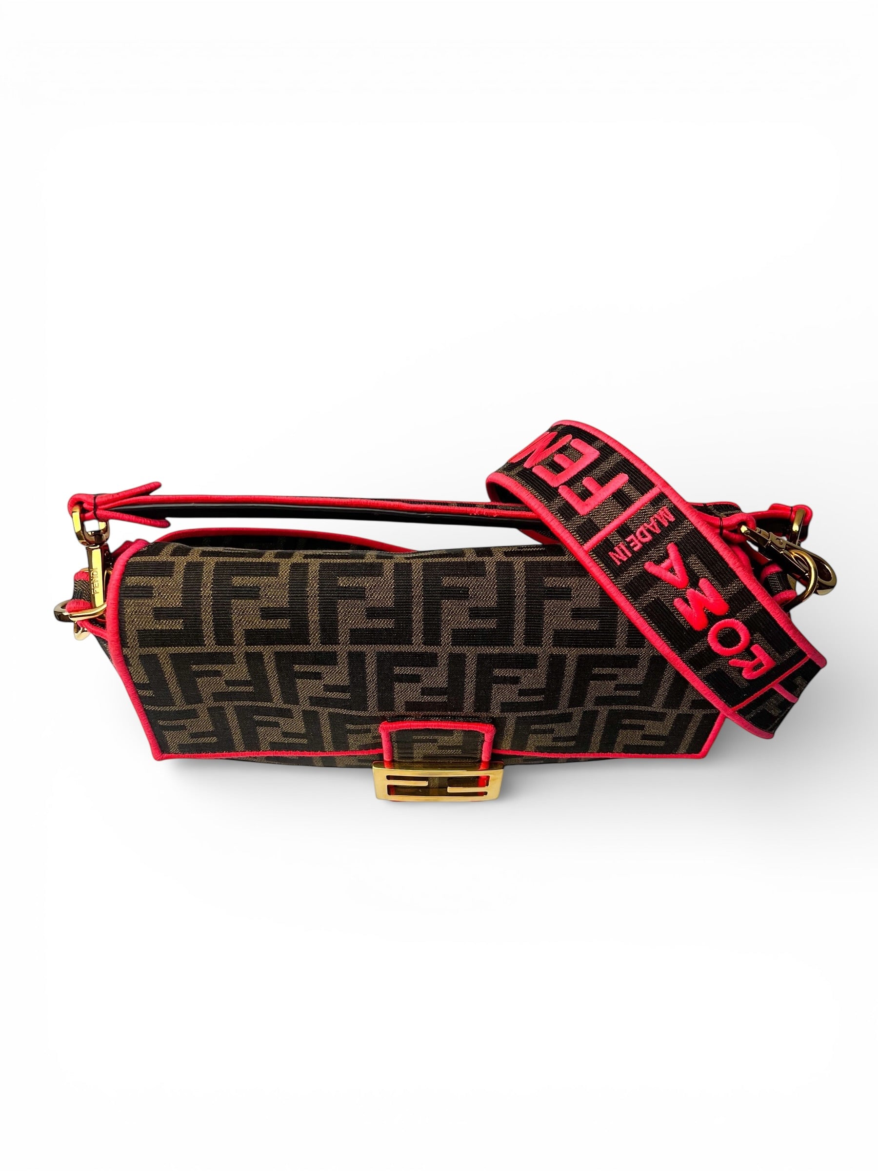 Fendi Zucca Canvas Brown and Pink Baguette Satchel