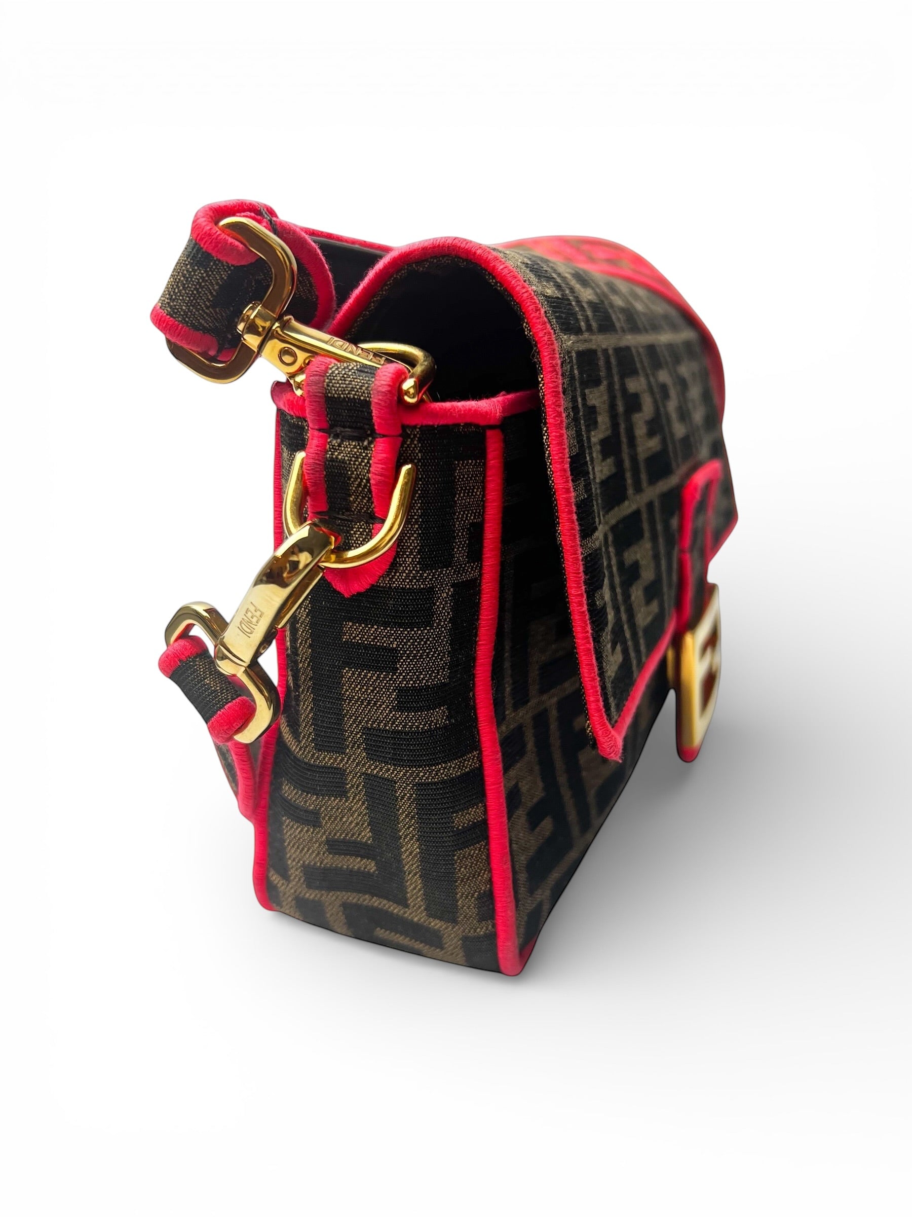 Fendi Zucca Canvas Brown and Pink Baguette Satchel