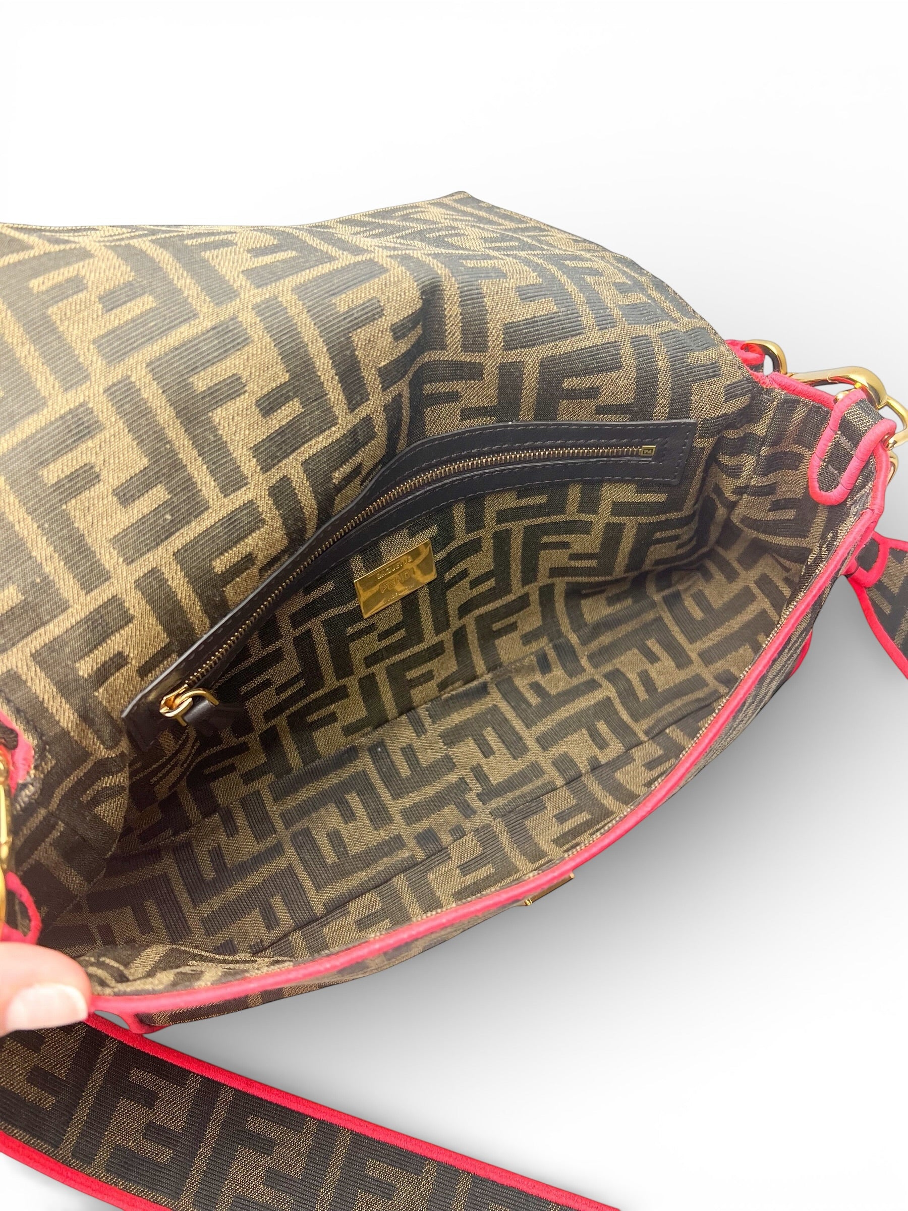 Fendi Zucca Canvas Brown and Pink Baguette Satchel