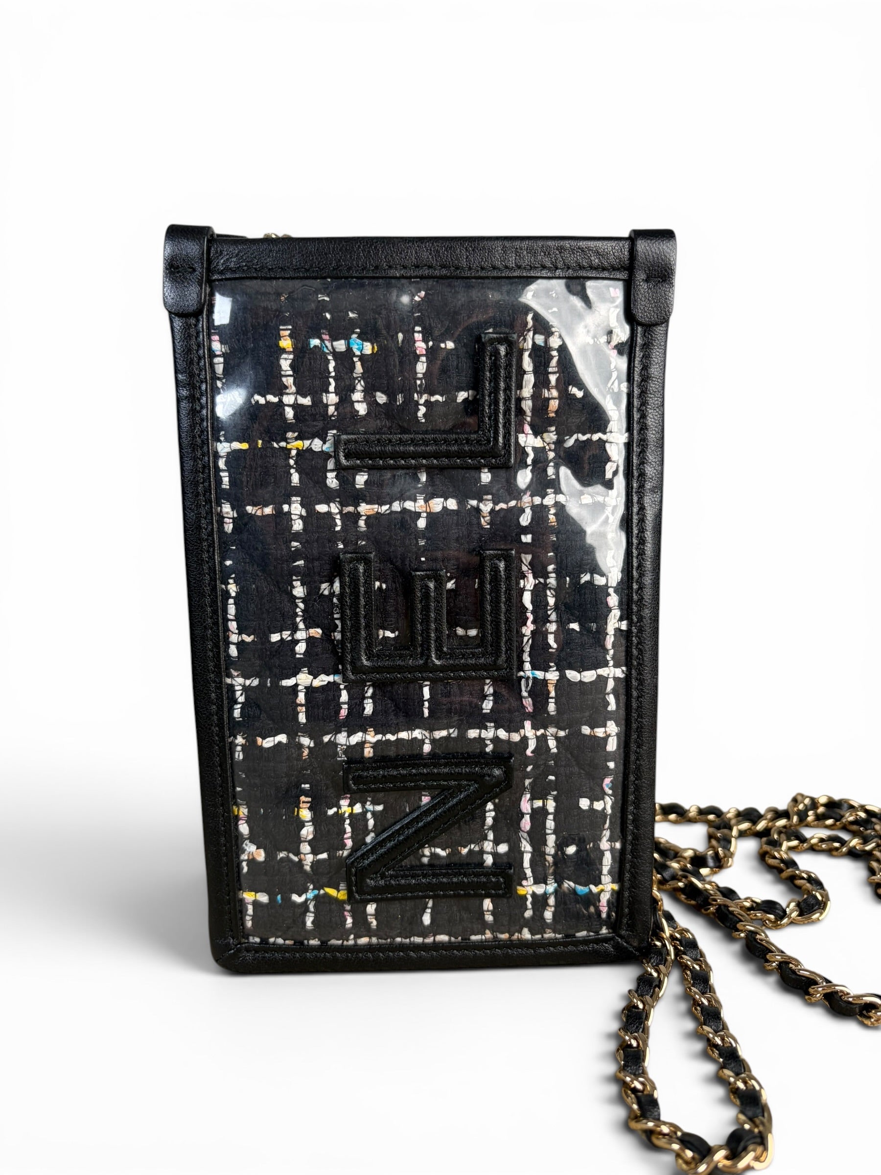 Chanel Black Tweed PVC Clutch On Chain